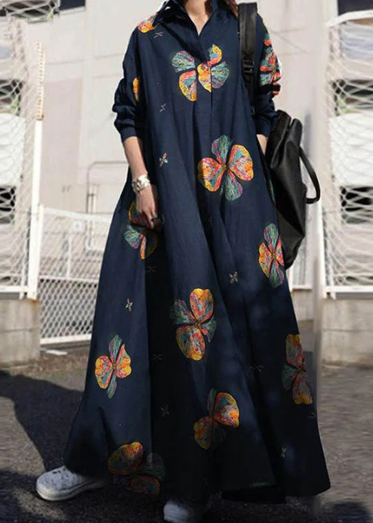 Women Retro Floral Print Lapel Bohemian Loose Long Sleeve Maxi Shirt Dress With Pocket - Image 3