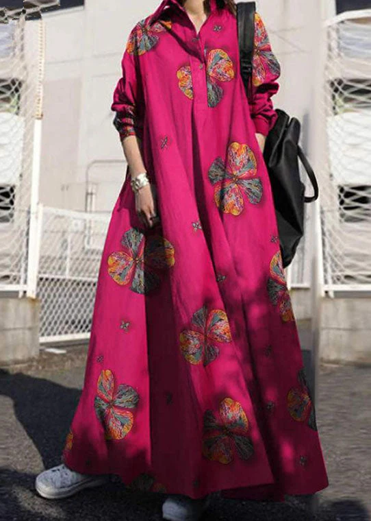 Women Retro Floral Print Lapel Bohemian Loose Long Sleeve Maxi Shirt Dress With Pocket - Image 4