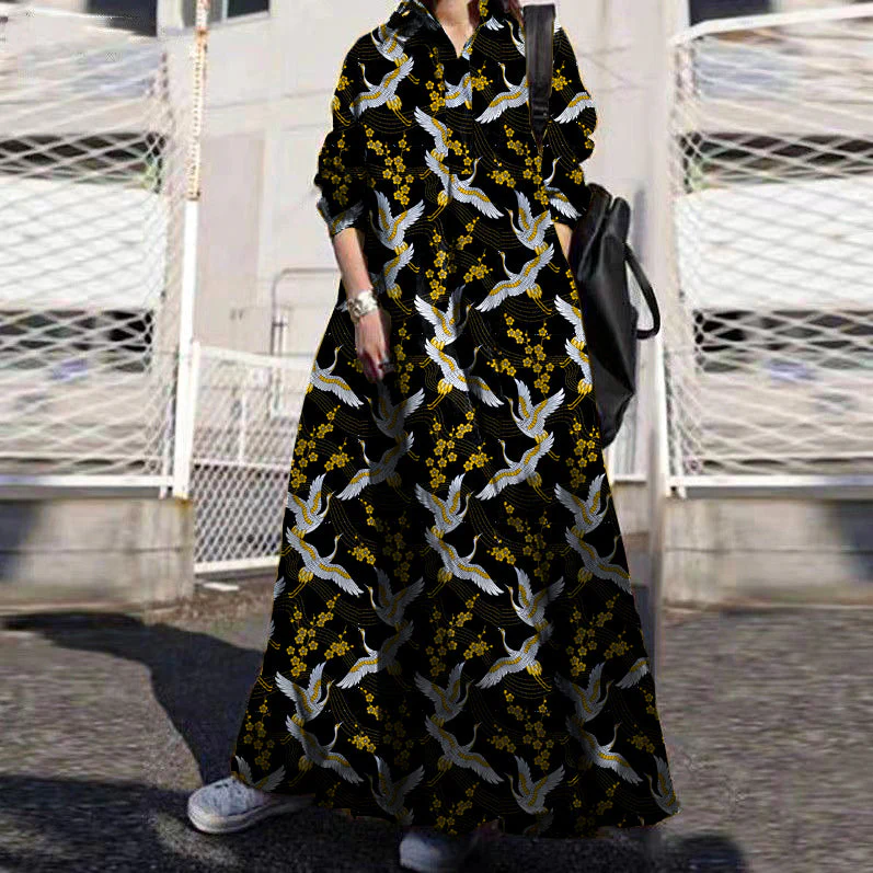 Women Retro Floral Print Lapel Bohemian Loose Long Sleeve Maxi Shirt Dress With Pocket - Image 6