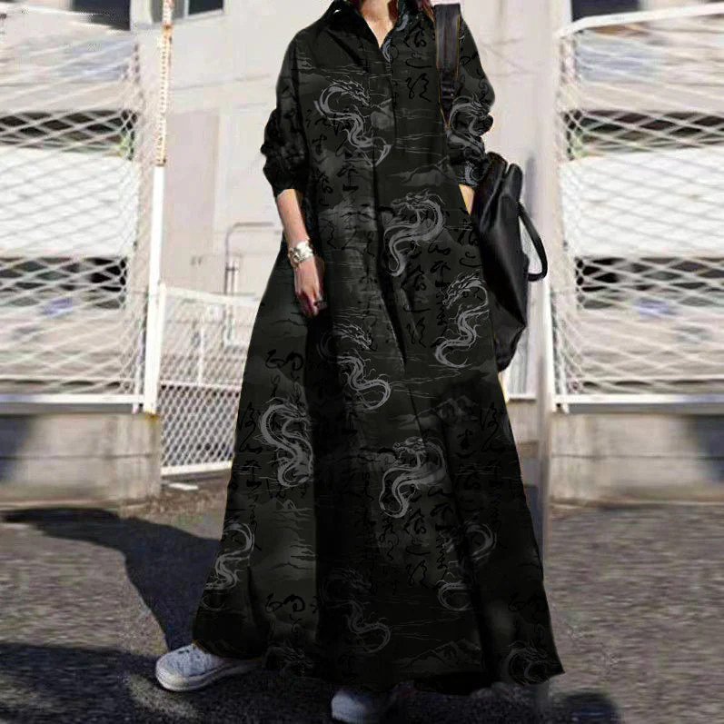 Women Retro Floral Print Lapel Bohemian Loose Long Sleeve Maxi Shirt Dress With Pocket - Image 7