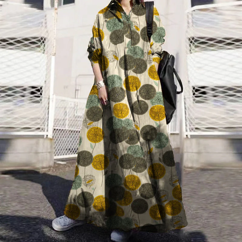 Women Retro Floral Print Lapel Bohemian Loose Long Sleeve Maxi Shirt Dress With Pocket - Image 8