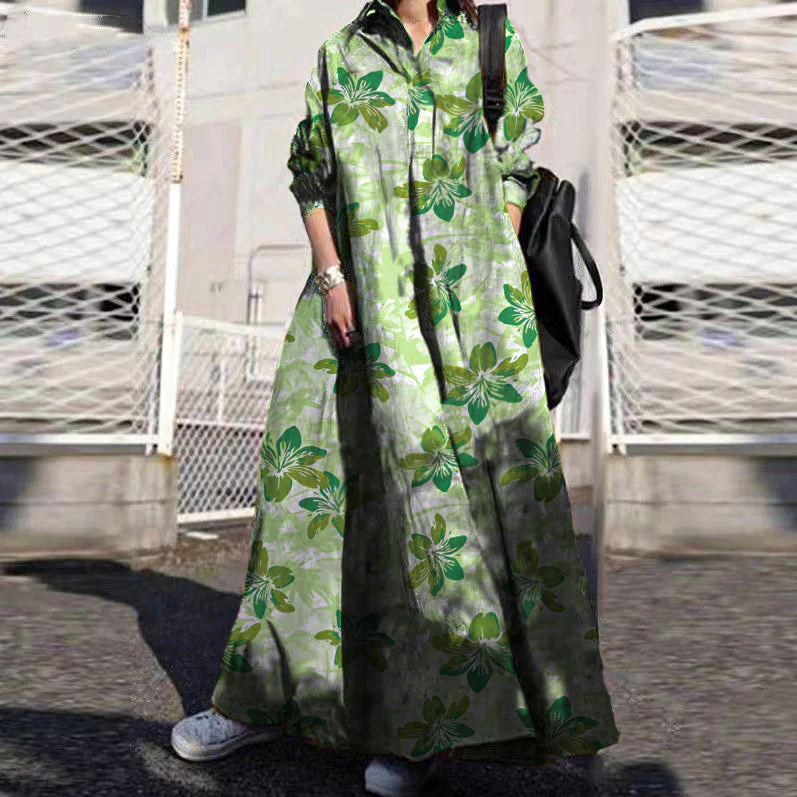 Women Retro Floral Print Lapel Bohemian Loose Long Sleeve Maxi Shirt Dress With Pocket - Image 9