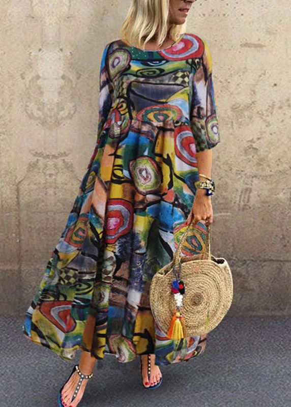 Women Retro O-Neck Floral Print Sleeveless Maxi Dress Red - Image 2