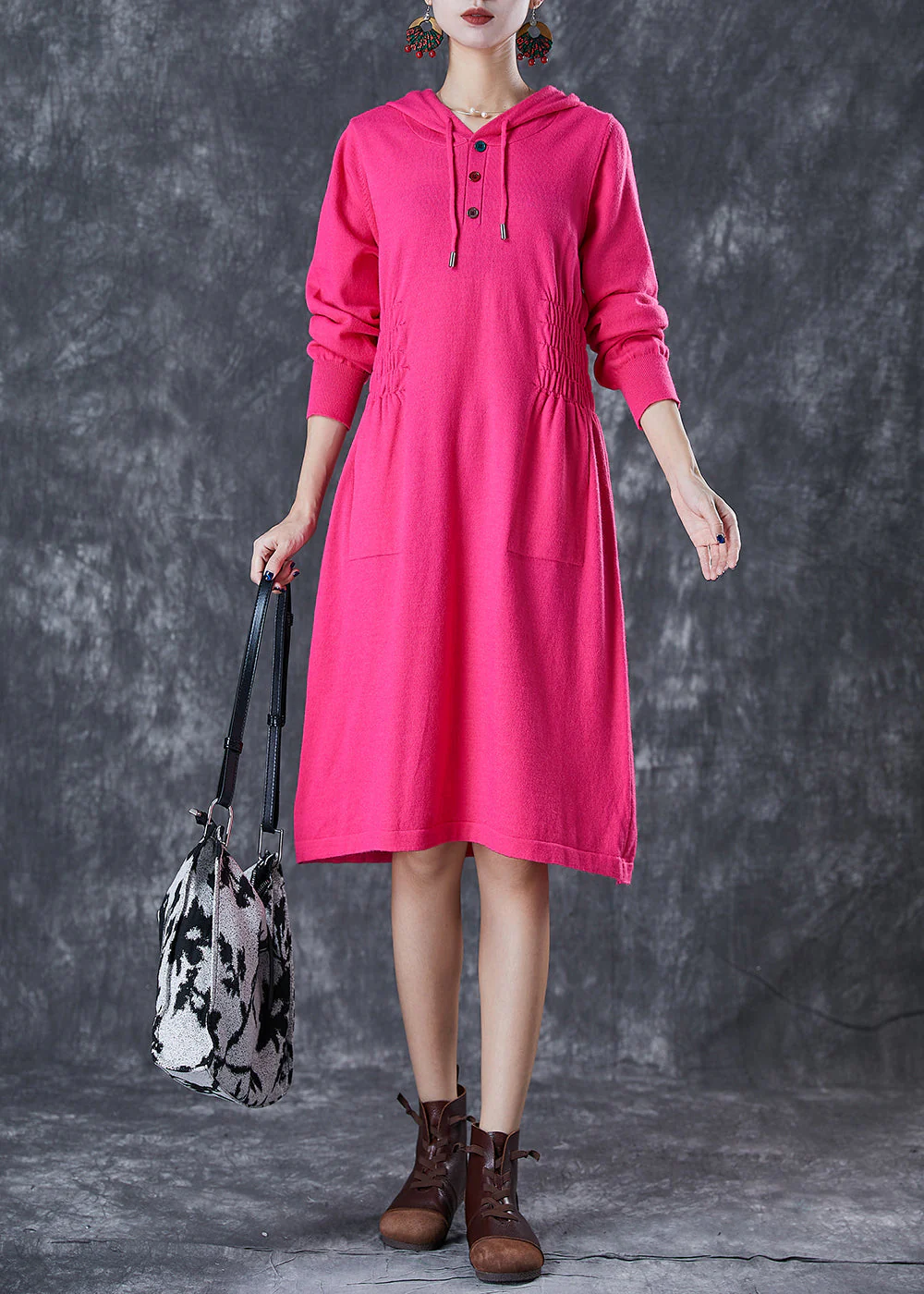 Women Rose Hooded Elastic Waist Knit Dresses Fall - Image 2