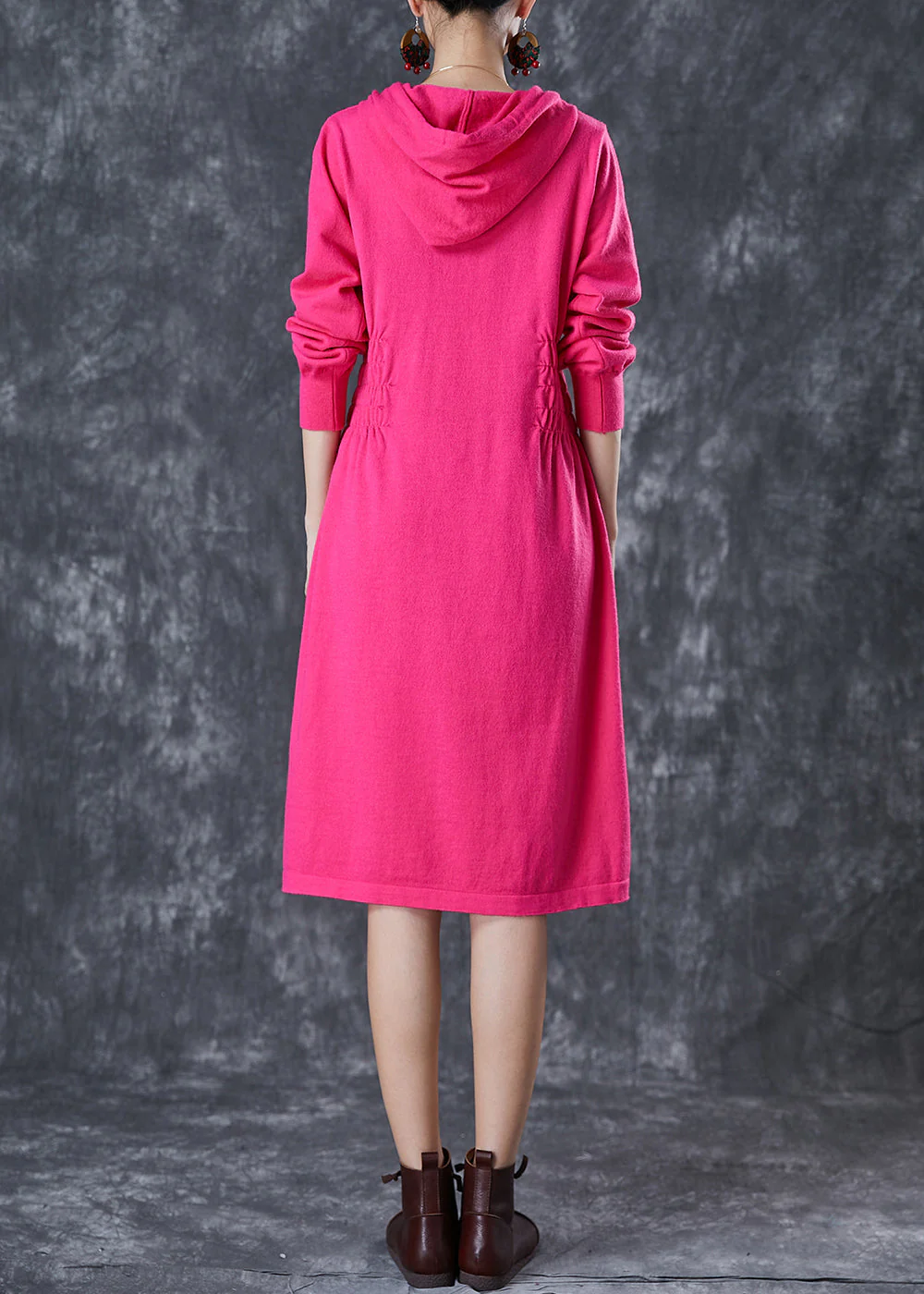 Women Rose Hooded Elastic Waist Knit Dresses Fall - Image 4