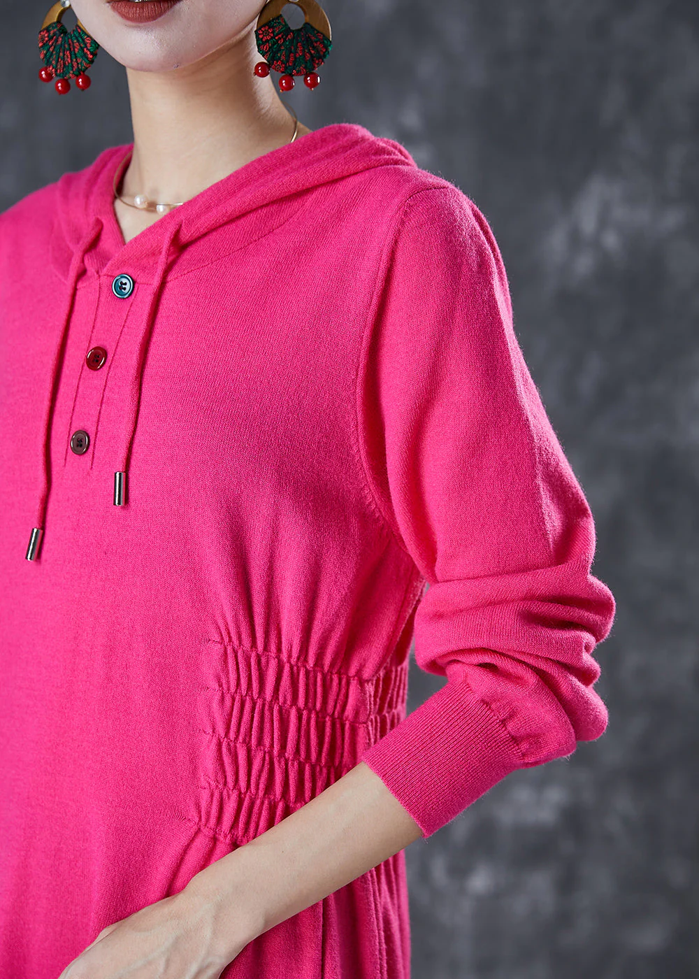 Women Rose Hooded Elastic Waist Knit Dresses Fall - Image 5