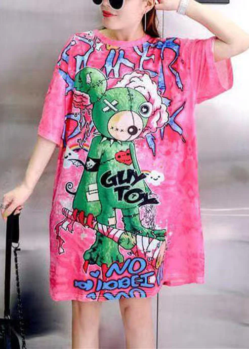 Women Rose O Neck Print Patchwork Cotton Mid Dress Summer - Image 3