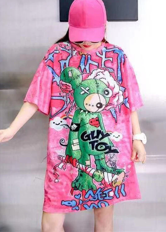 Women Rose O Neck Print Patchwork Cotton Mid Dress Summer - Image 4
