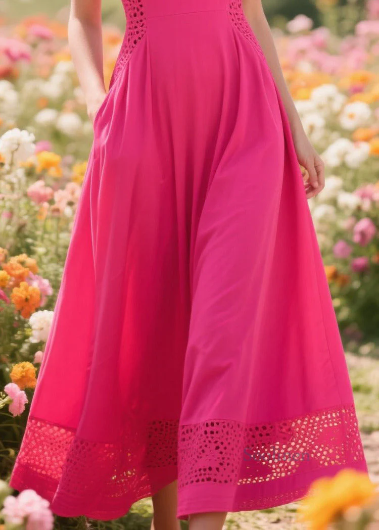 Women Rose Patchwork Hollow Out Cotton Long Dress Summer - Image 4