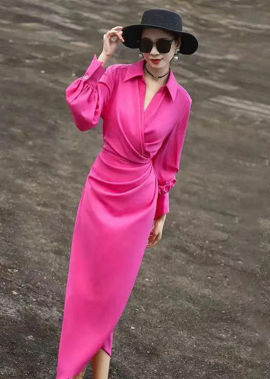 Women Rose Peter Pan Collar Wrinkled Cotton Dresses Long Sleeve - Image 2