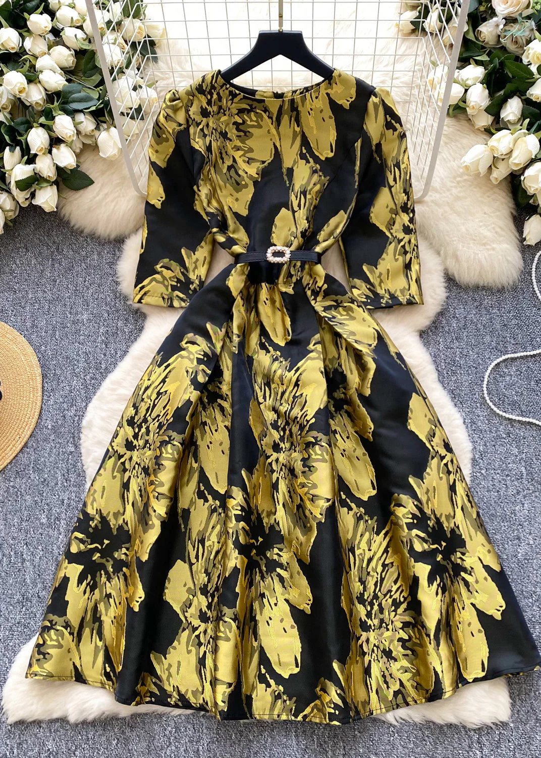 Women Rose Puff Sleeve Print Party Dresses - Image 2