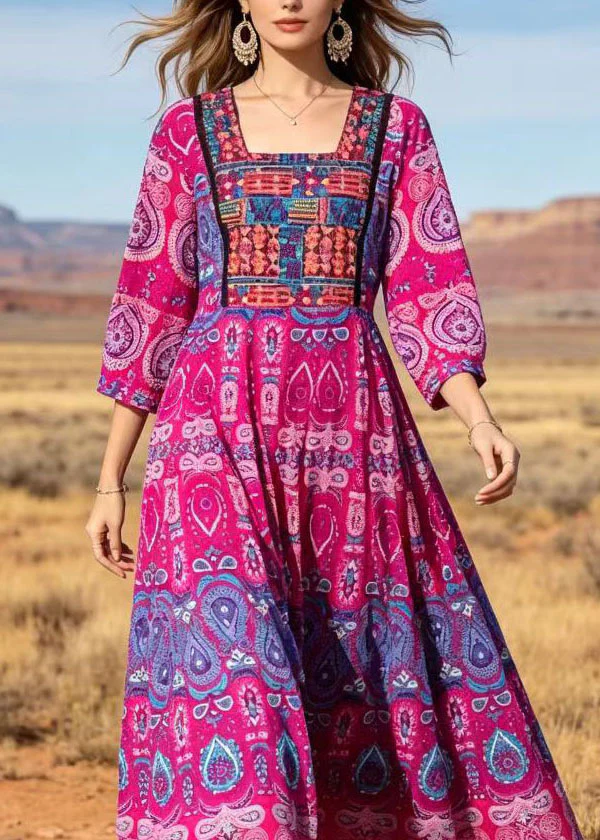 Women Rose Square Collar Print Cotton Long Dresses Summer - Image 2
