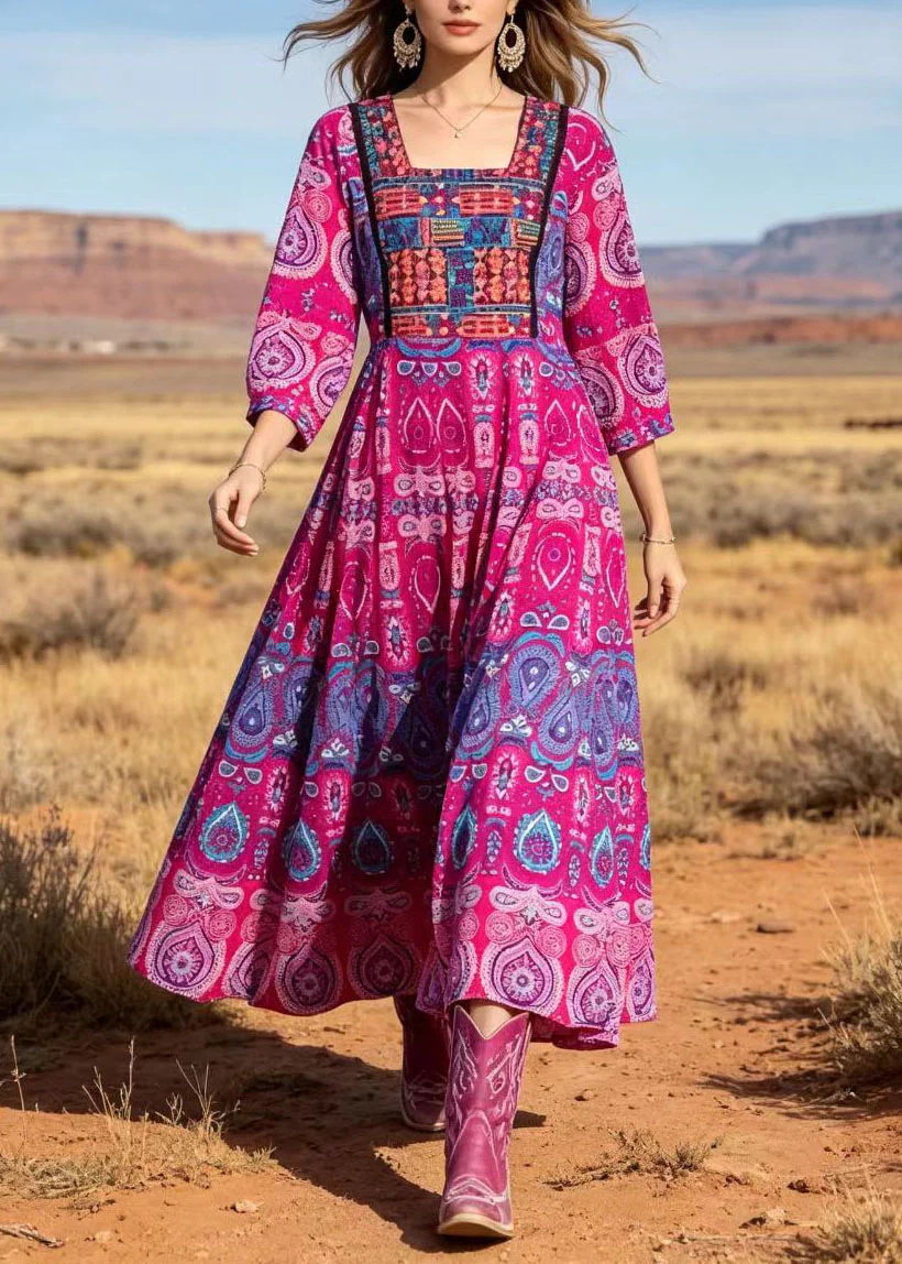Women Rose Square Collar Print Cotton Long Dresses Summer - Image 3