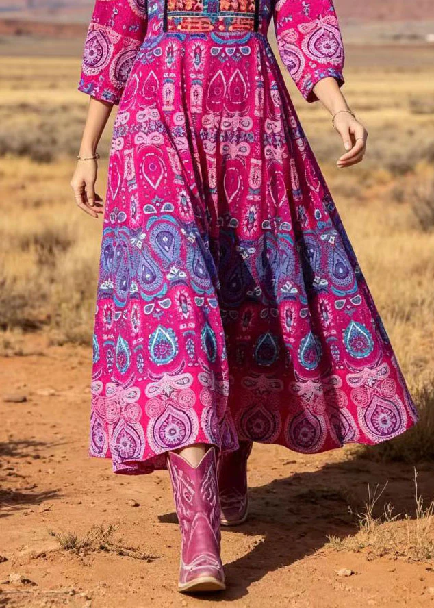 Women Rose Square Collar Print Cotton Long Dresses Summer - Image 4