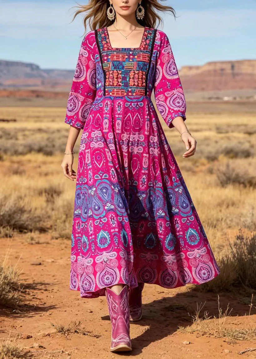 Women Rose Square Collar Print Cotton Long Dresses Summer - Image 5