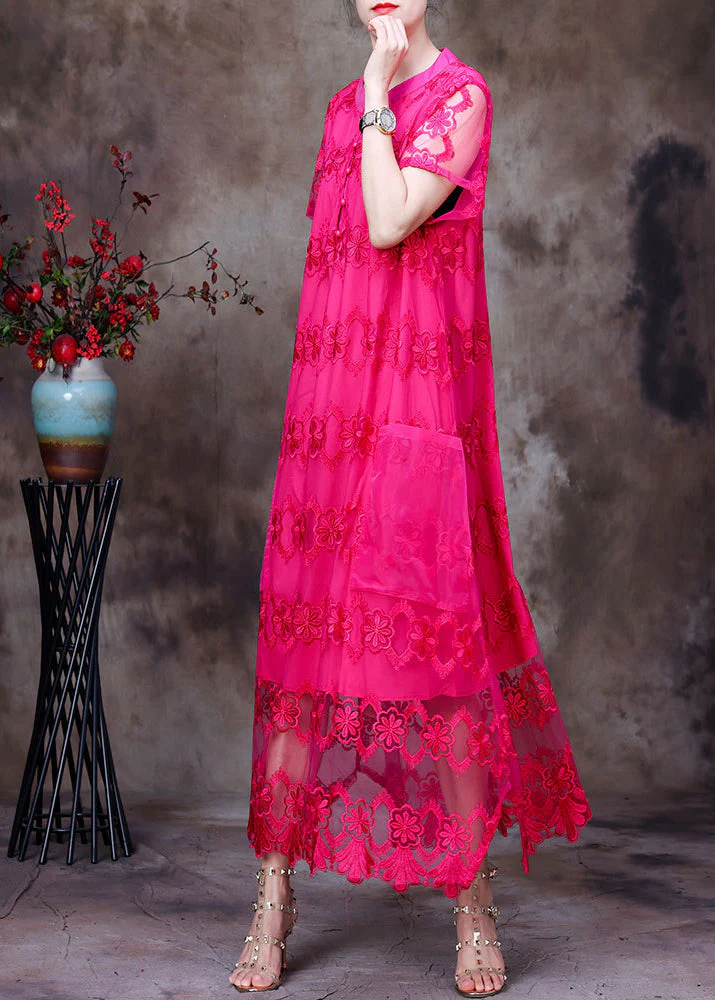 Women Rose Stand Collar Embroideried Hollow Out Tulle Vacation Long Dress Short Sleeve - Image 2