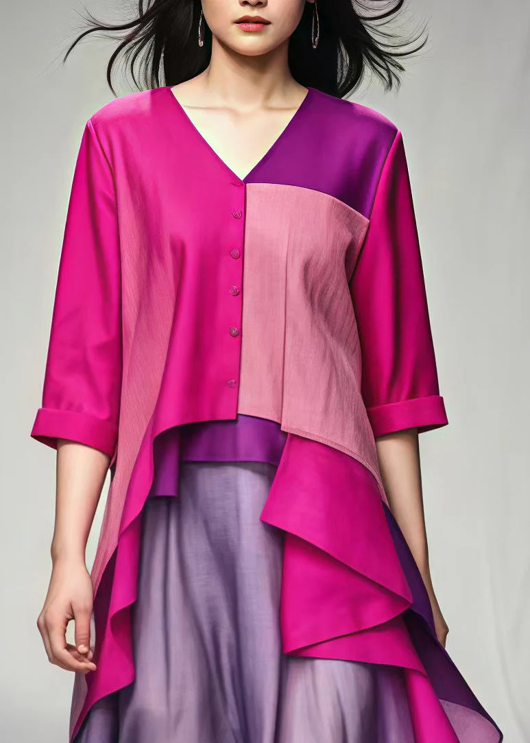 Women Rose V Neck Patchwork Cotton Vacation Dresses Summer - Image 3