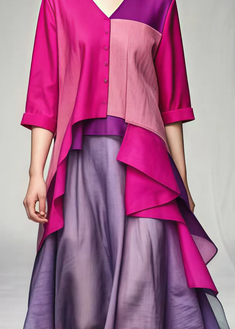 Women Rose V Neck Patchwork Cotton Vacation Dresses Summer - Image 4