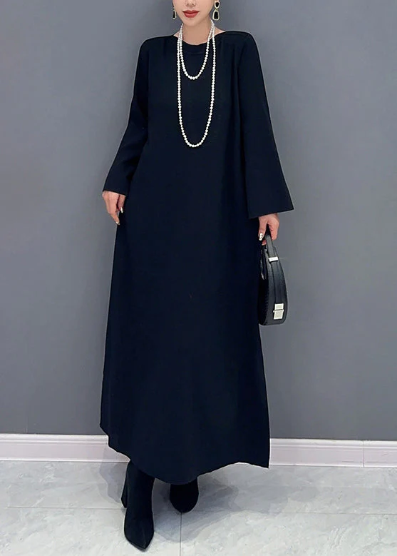 Women Royal Blue O Neck Side Open Cotton Long Dresses Flare Sleeve - Image 2