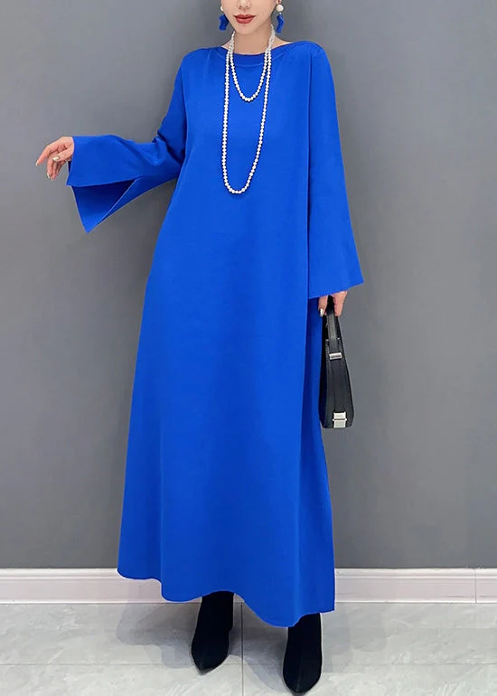 Women Royal Blue O Neck Side Open Cotton Long Dresses Flare Sleeve - Image 3