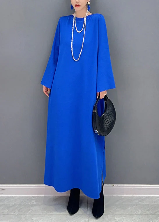 Women Royal Blue O Neck Side Open Cotton Long Dresses Flare Sleeve - Image 4
