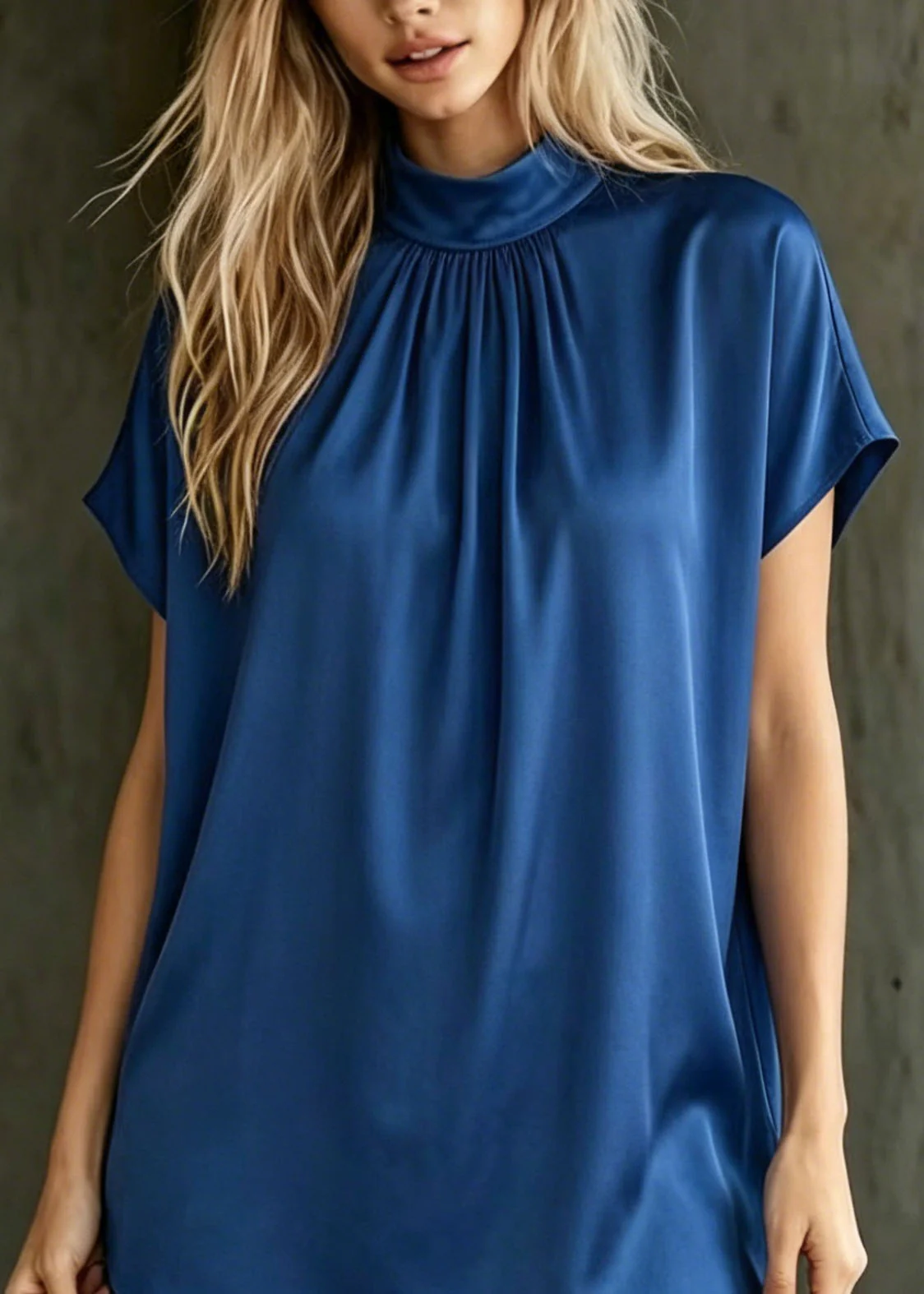 Women Royal Blue Stand Collar Silk Top Summer - Image 2