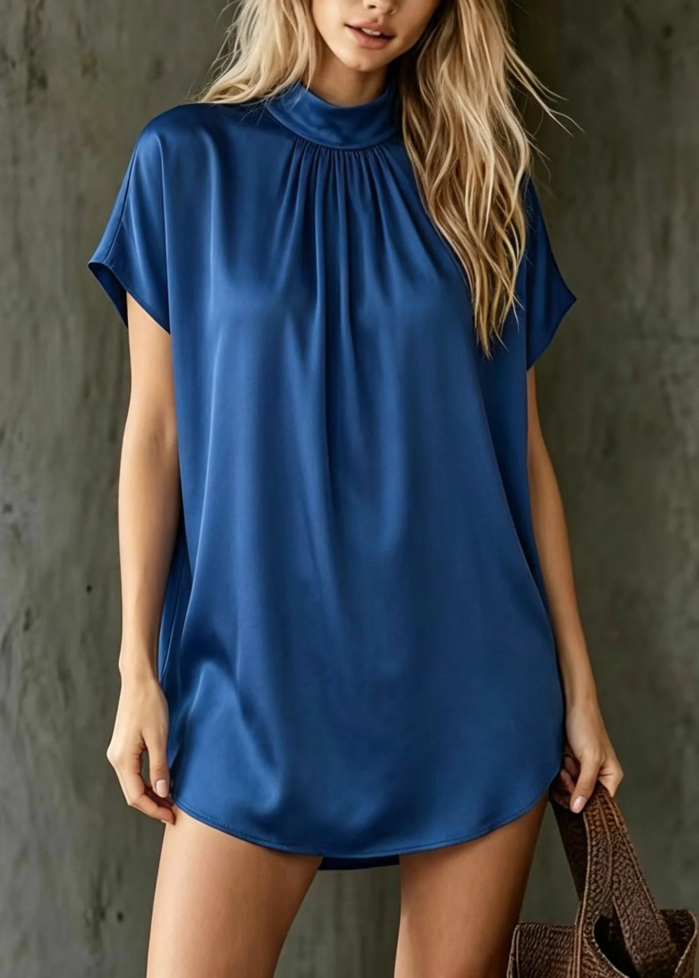 Women Royal Blue Stand Collar Silk Top Summer - Image 3