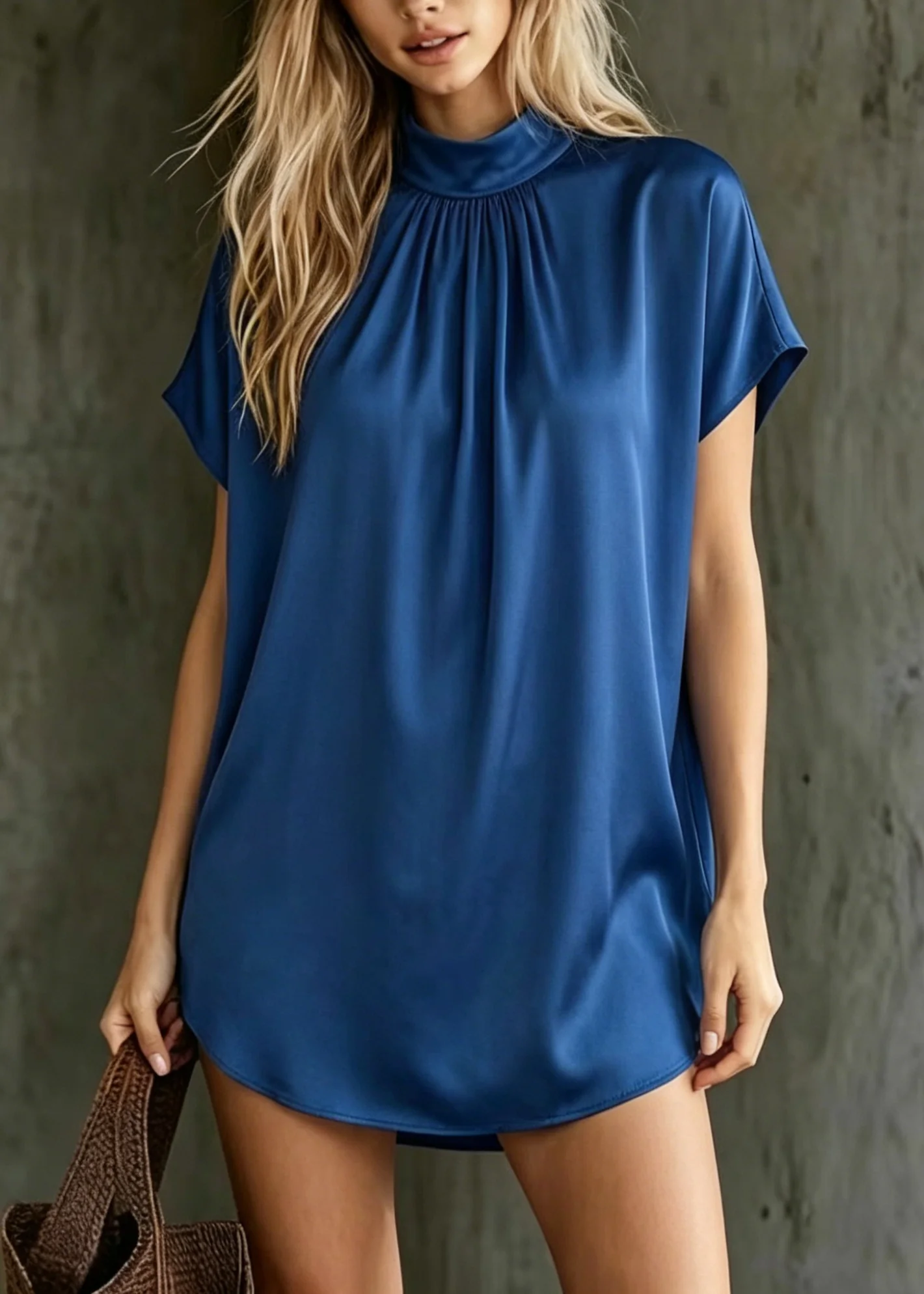 Women Royal Blue Stand Collar Silk Top Summer - Image 5