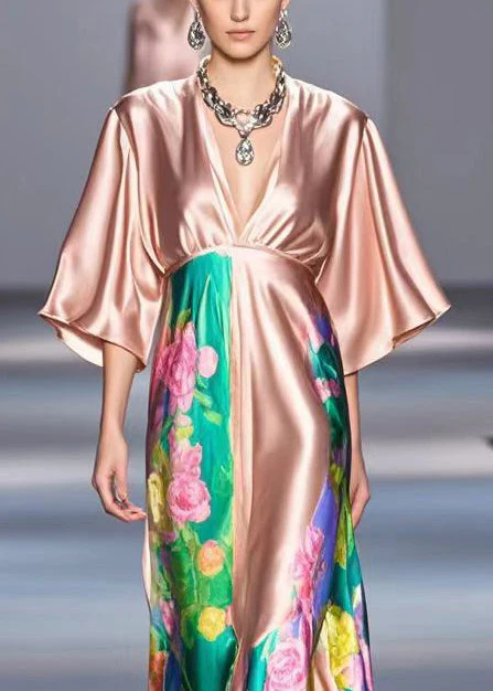 Women Rubber Red V Neck Print Draping Silk Dress Summer - Image 2