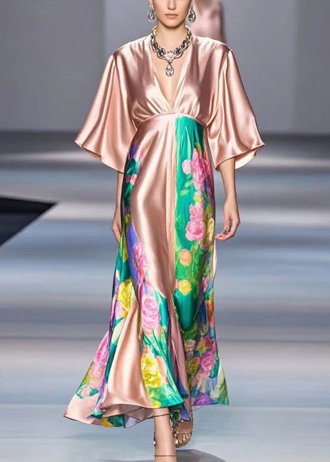 Women Rubber Red V Neck Print Draping Silk Dress Summer - Image 3