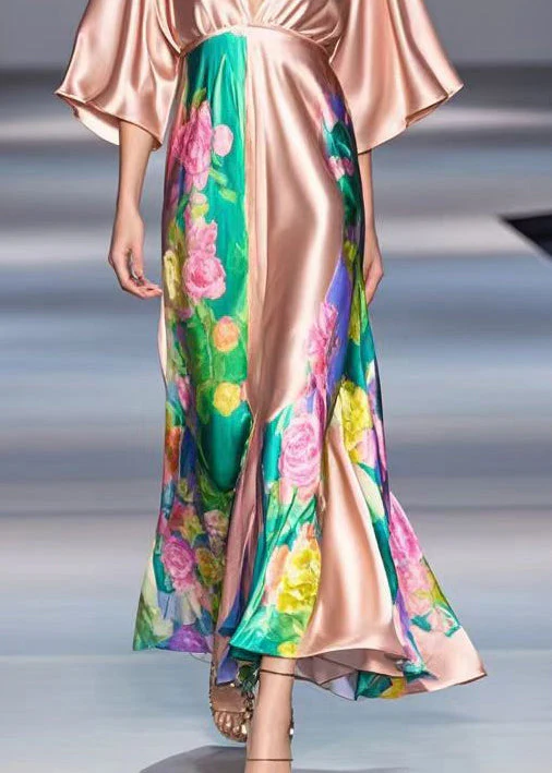 Women Rubber Red V Neck Print Draping Silk Dress Summer - Image 4