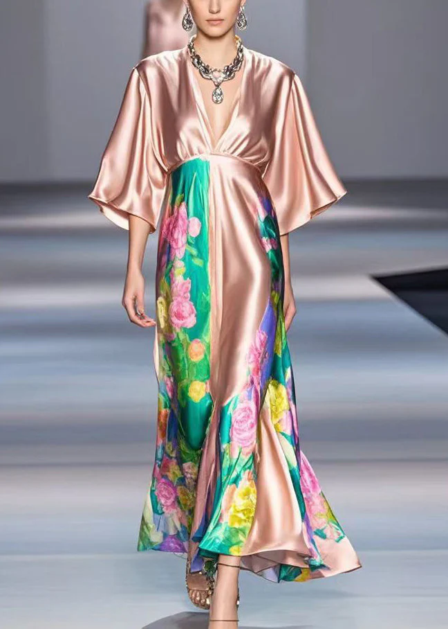 Women Rubber Red V Neck Print Draping Silk Dress Summer - Image 5