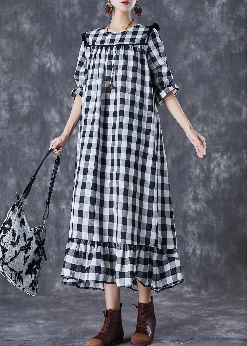 Women Ruffled Patchwork Plaid Cotton Ankle Dress Summer - Image 2