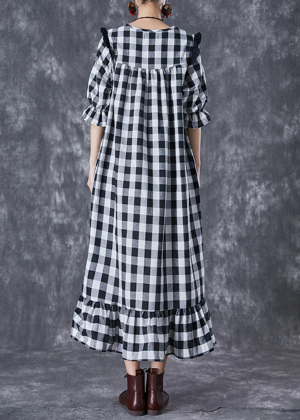 Women Ruffled Patchwork Plaid Cotton Ankle Dress Summer - Image 3