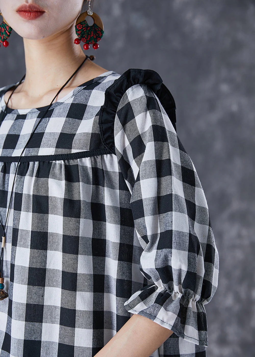 Women Ruffled Patchwork Plaid Cotton Ankle Dress Summer - Image 4