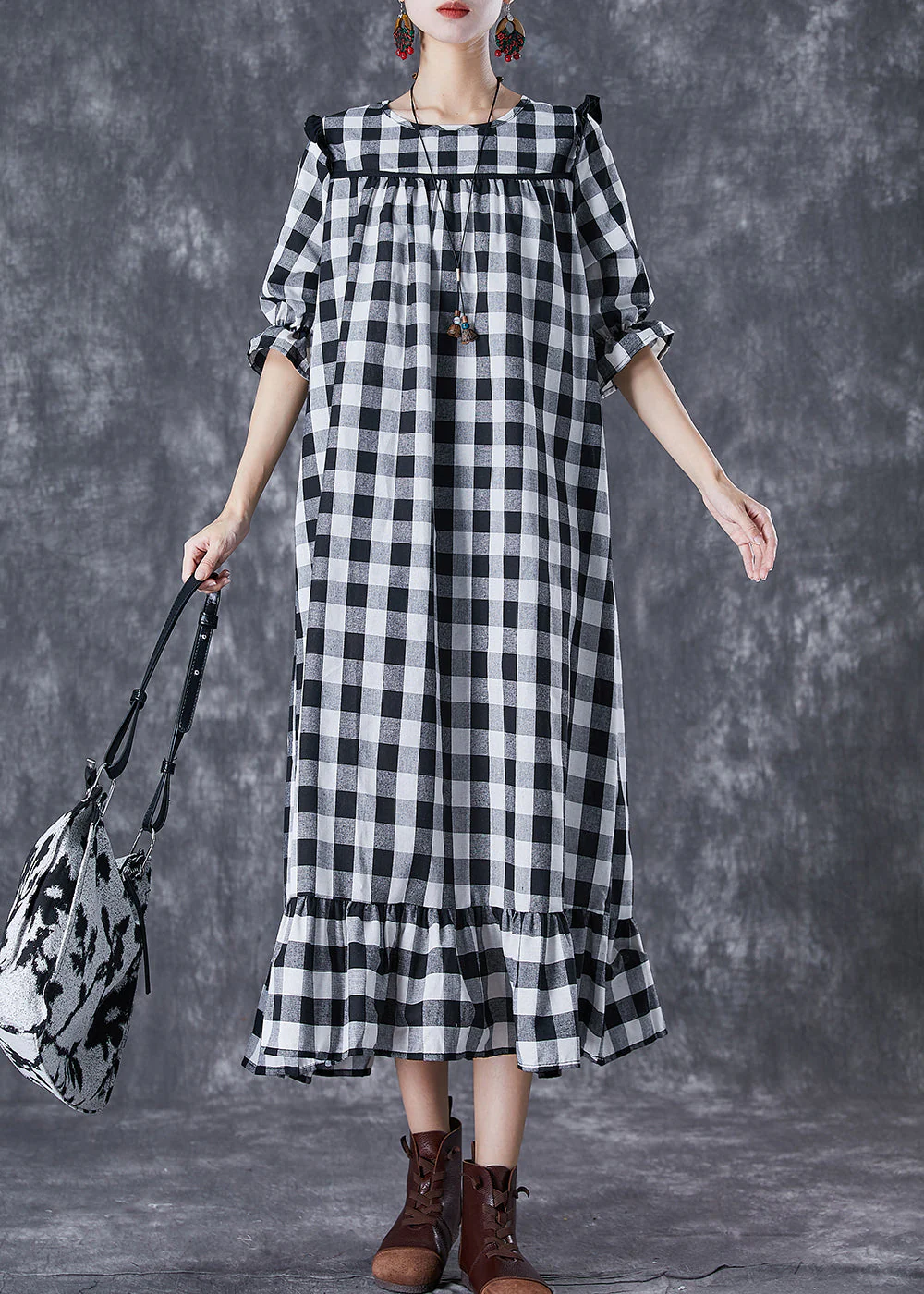 Women Ruffled Patchwork Plaid Cotton Ankle Dress Summer - Image 5