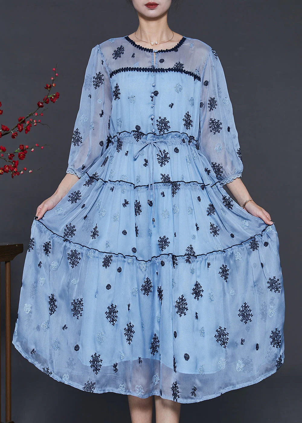 Women Sea Blue Embroidered Silk Cinched Dress Summer - Image 2