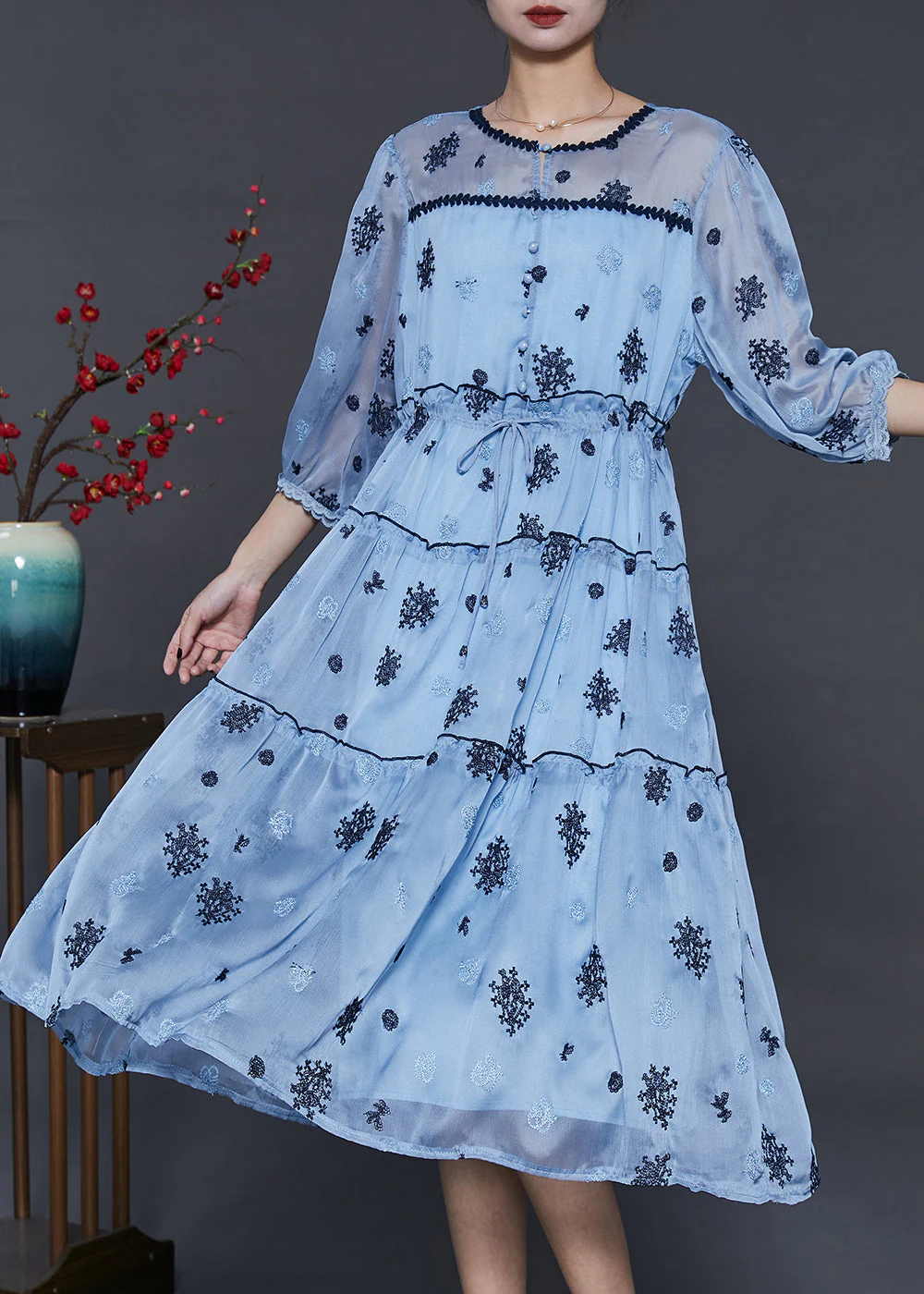 Women Sea Blue Embroidered Silk Cinched Dress Summer - Image 3
