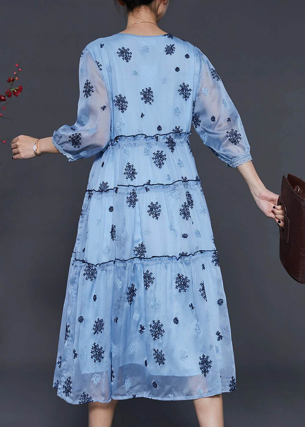 Women Sea Blue Embroidered Silk Cinched Dress Summer - Image 4