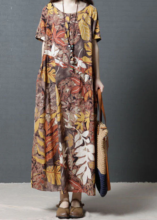 Women Short Sleeve Crew Neck Floral Cotton Vintage Maxi Dress - Image 2
