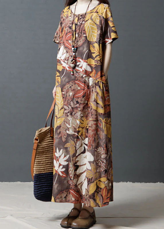 Women Short Sleeve Crew Neck Floral Cotton Vintage Maxi Dress - Image 3