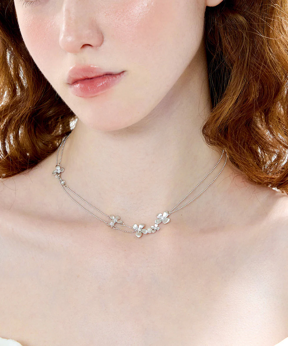 Women Silver Floral Double Layer Chain Copper Choker - Image 2