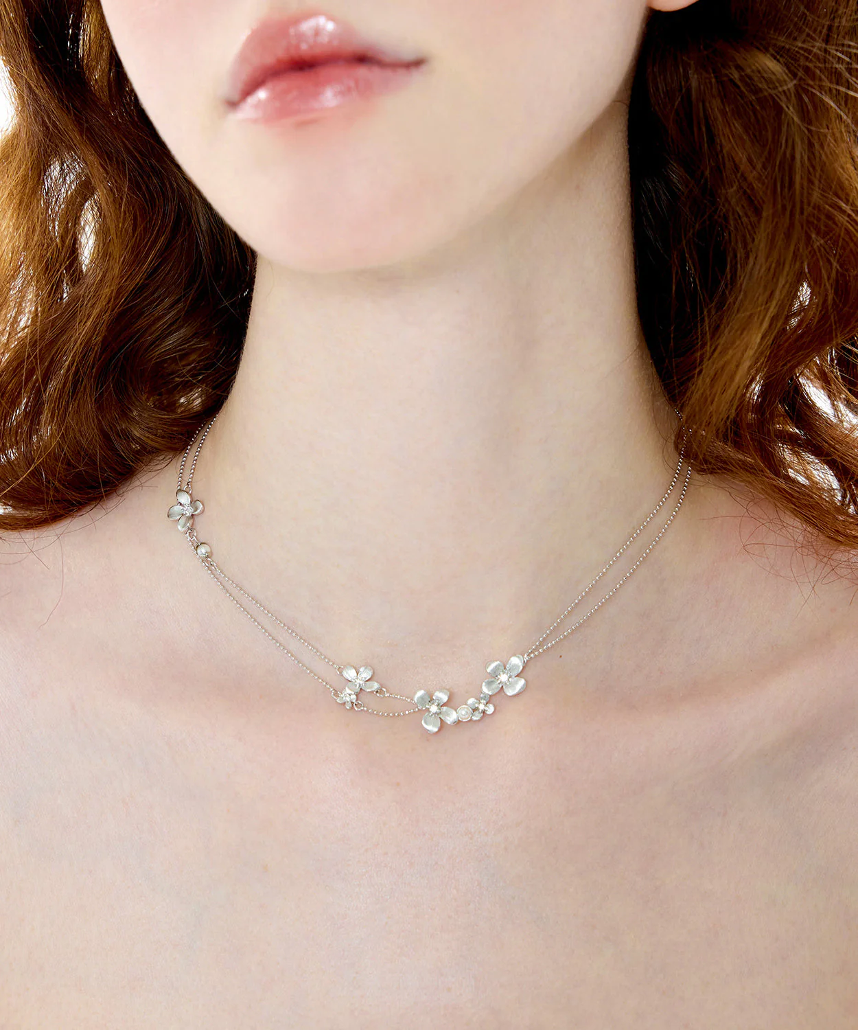 Women Silver Floral Double Layer Chain Copper Choker - Image 3