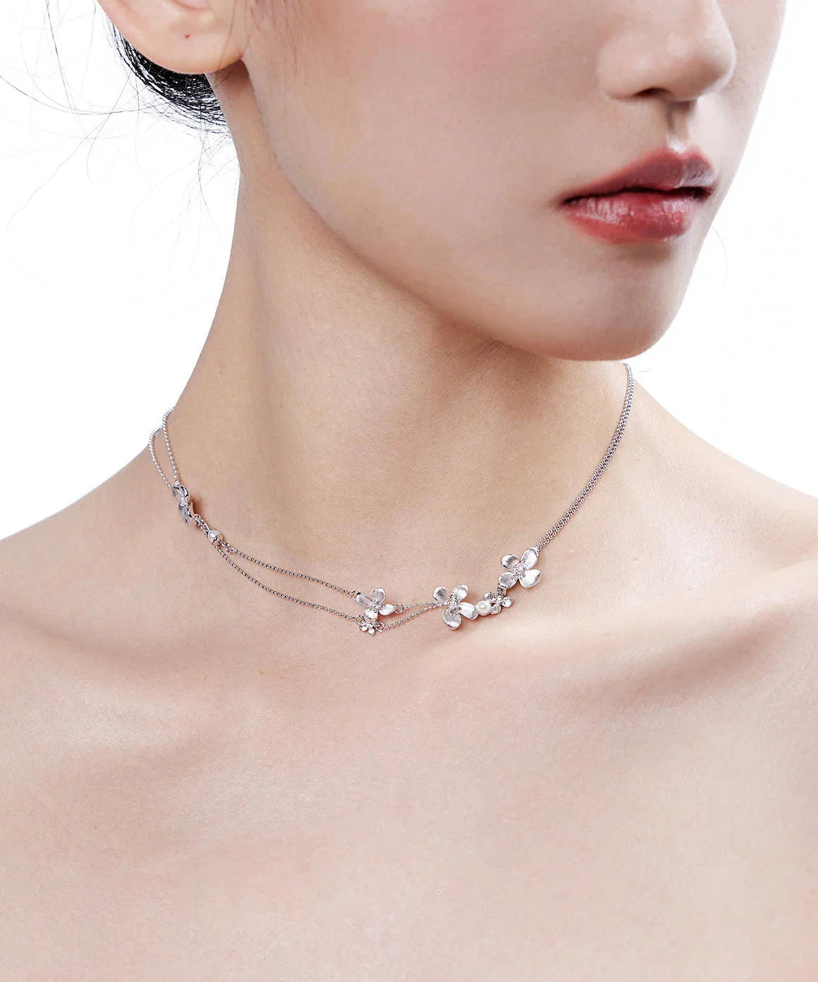 Women Silver Floral Double Layer Chain Copper Choker - Image 5