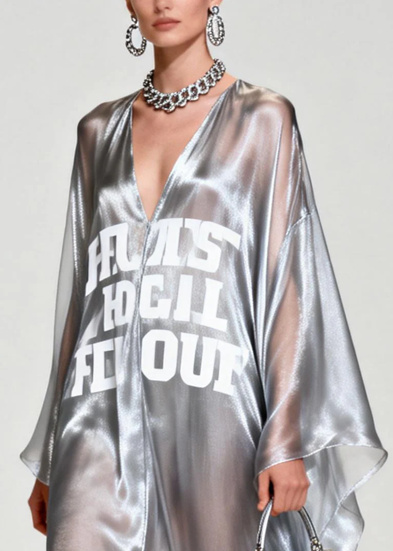 Women Silvery Letter Print Exra Large Hem Chiffon Beach Dresses Summer - Image 2