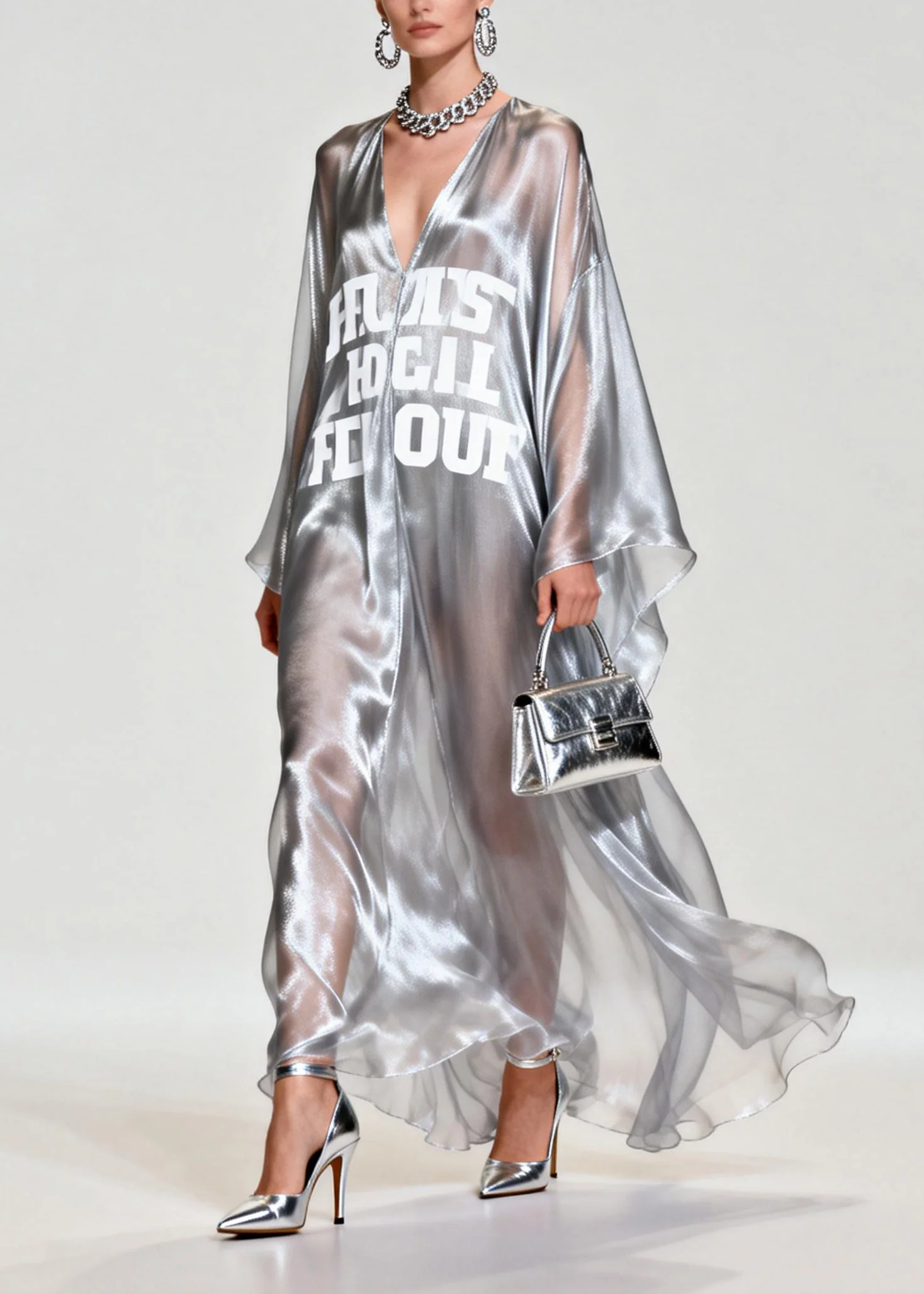 Women Silvery Letter Print Exra Large Hem Chiffon Beach Dresses Summer - Image 5