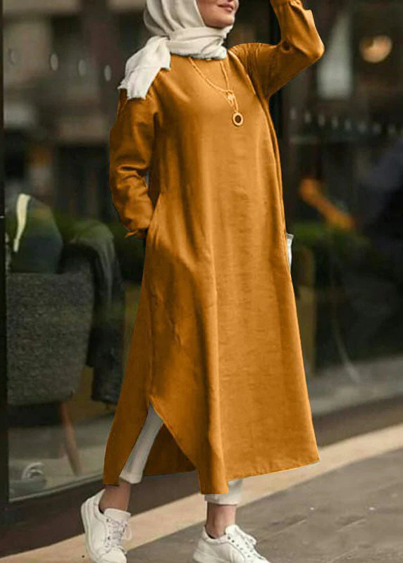 Women Solid Color O-neck Long Sleeves Splited Robe Kaftan Casual Maxi Dress With Pocket - Image 2