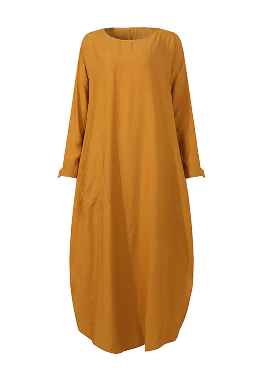 Women Solid Color O-neck Long Sleeves Splited Robe Kaftan Casual Maxi Dress With Pocket - Image 3