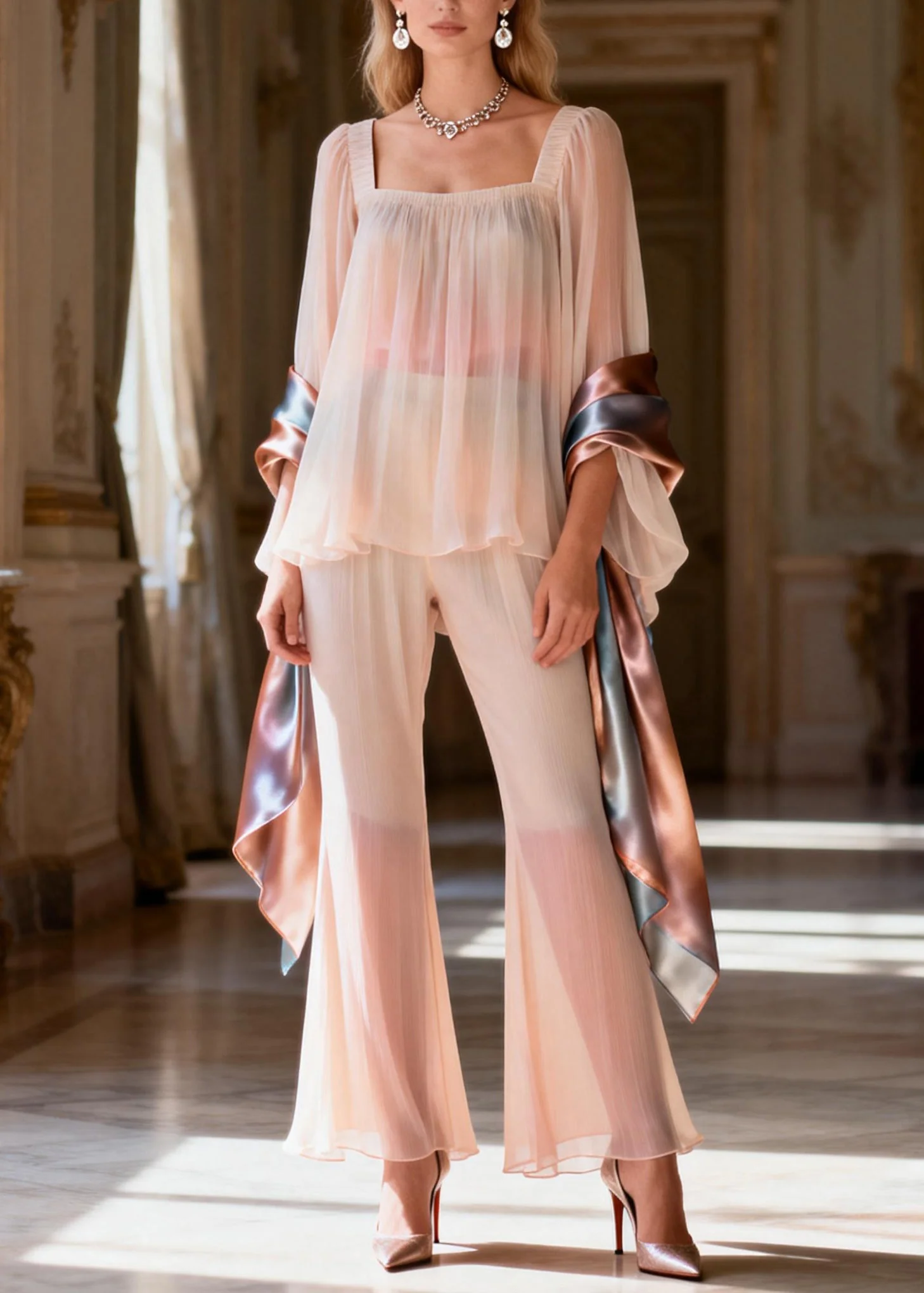 Women Square Collar Patchwork Silk Two Pieces Set Summer - Image 3