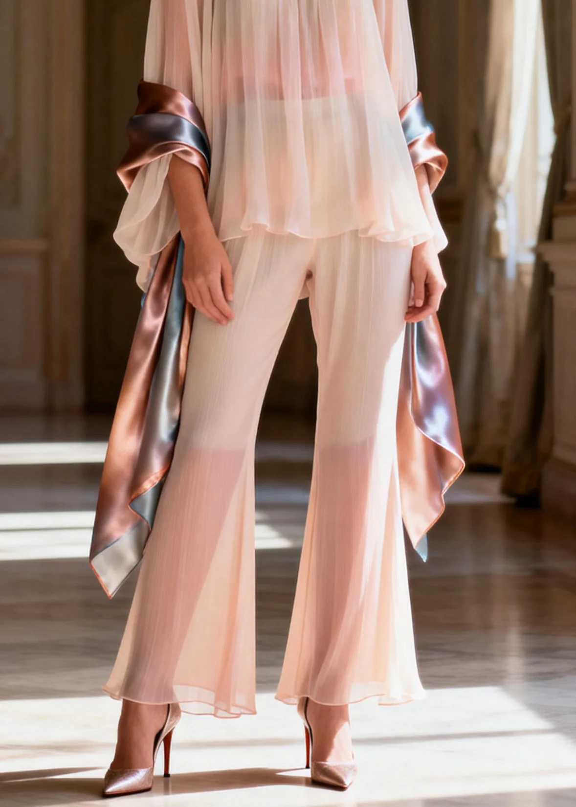 Women Square Collar Patchwork Silk Two Pieces Set Summer - Image 4